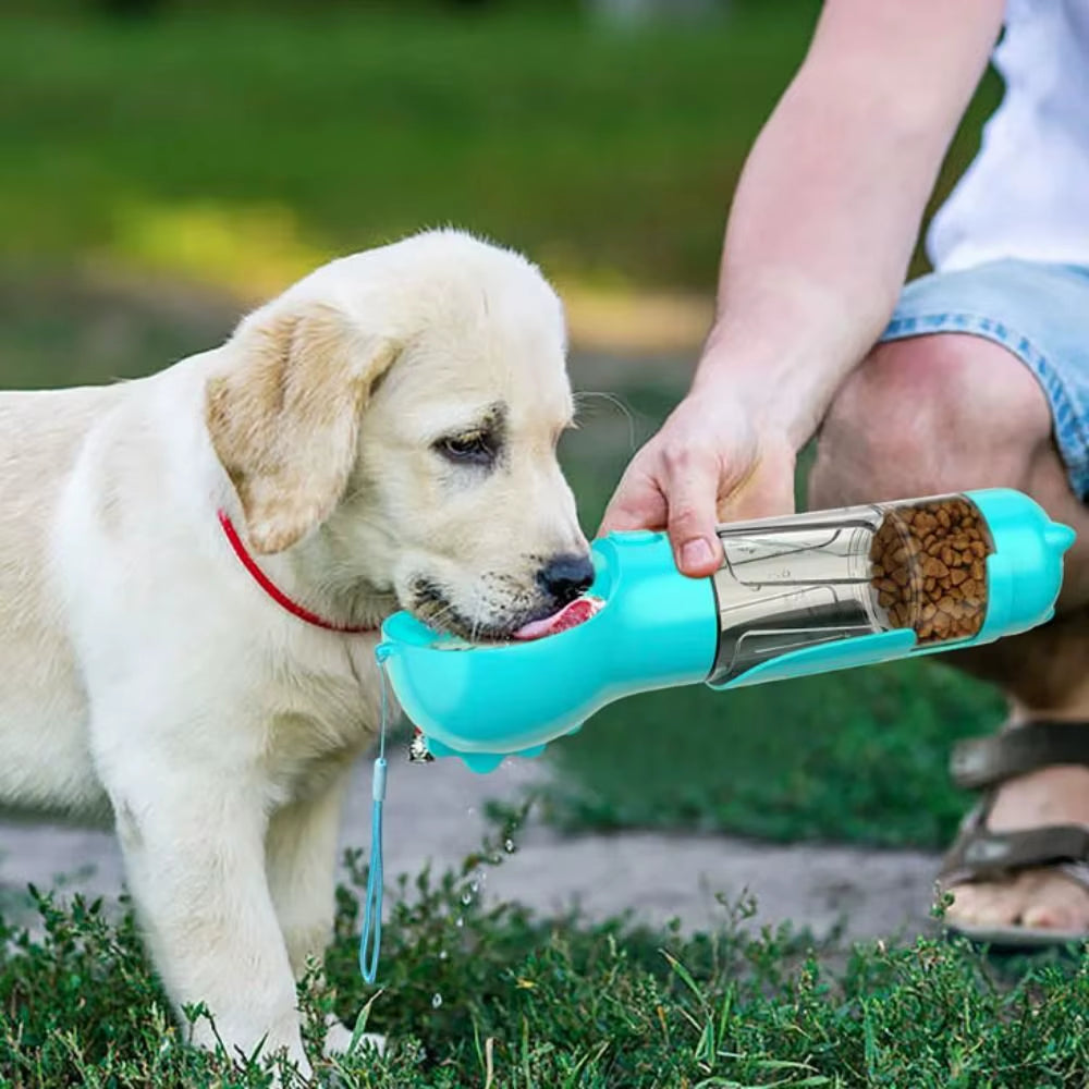 3-in-1 Dog Travel Bottle – Water, Food & Waste Bag Dispenser (Leak-Proof & Portable)